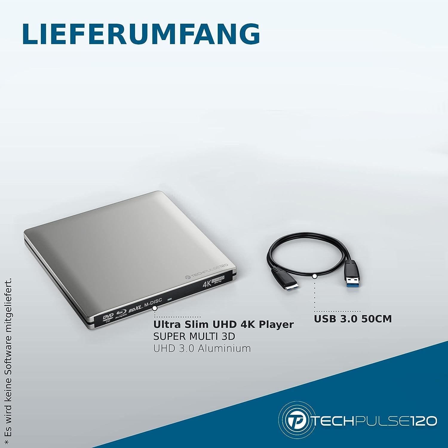 techPulse120 Lector de BLU-Ray Externo USB 3.0 M-Disc BDXL, Reproductor grabadora de BLU-Ray, Unidad Aluminio Plata