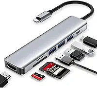 Hub USB-C 7 em 1 de Alta Velocidade com HDMI 4K, USB 3.0, Leitor SD/TF e Tipo-C PD — Adaptador Multiportas Premium para MacBook, Notebook e iPad