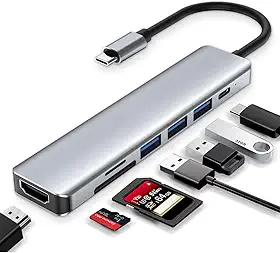 Hub USB-C 7 em 1 de Alta Velocidade com HDMI 4K, USB 3.0, Leitor SD/TF e Tipo-C PD — Adaptador Multiportas Premium para MacBook, Notebook e iPad