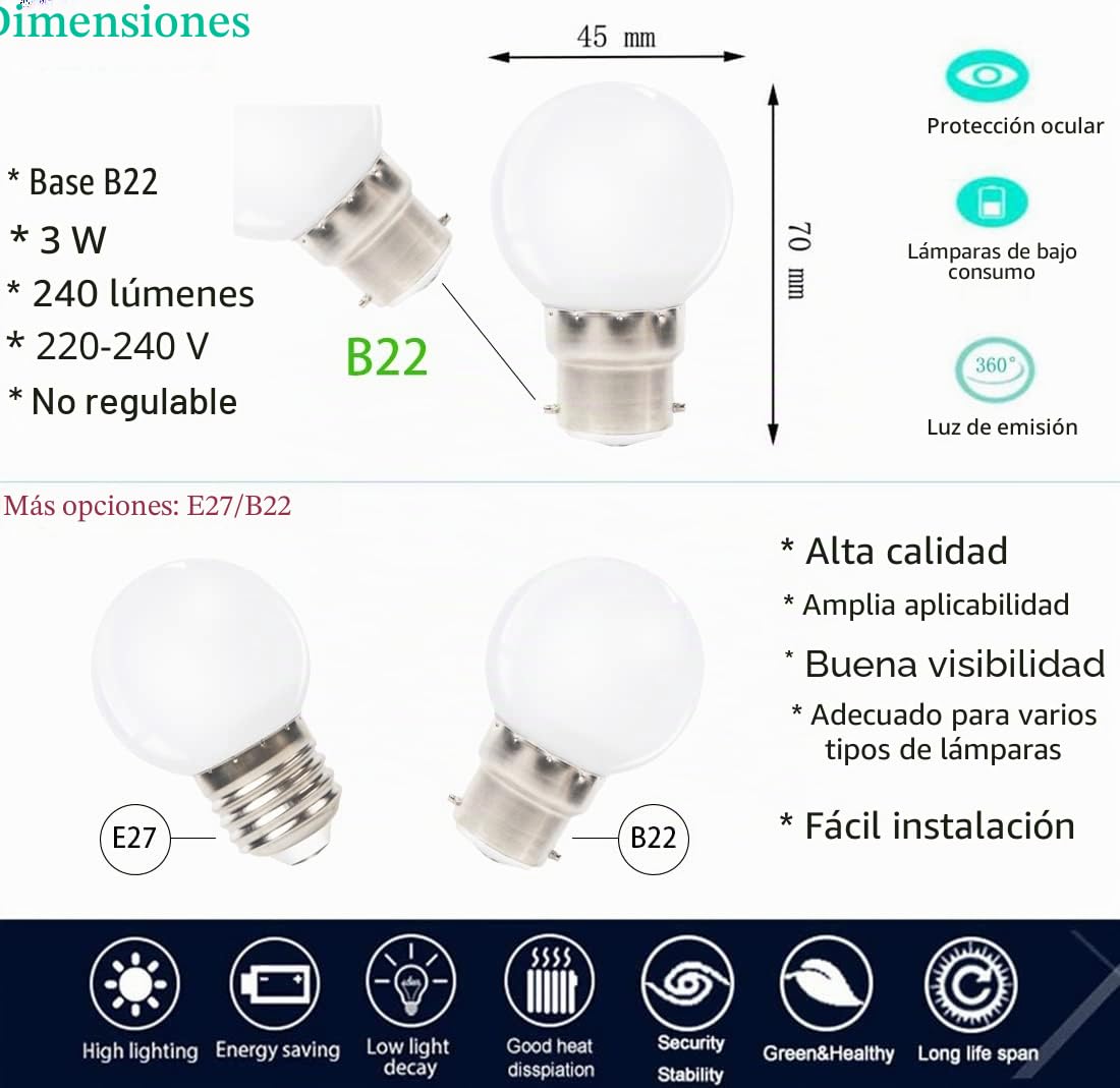 40 Pack Bombillas LED B22 3W, Blanco Cálido, Equivalente a 30W, 240 Lm, G45 LED Lámparas Luz Ambiente para Hogar Jardín Navidad Terraza Patio Decoración Fiestas Pergolas Luces Exteriores
