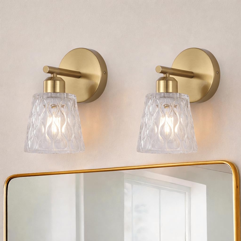 1-Light Brushed Gold Bathroom Vanity Wall Sconces, 2-Pack Modern Stainless Steel Fixtures with Textured Glass Shades for Over-Mirror Lighting, E26 Sockets (Bulbs Not Included)