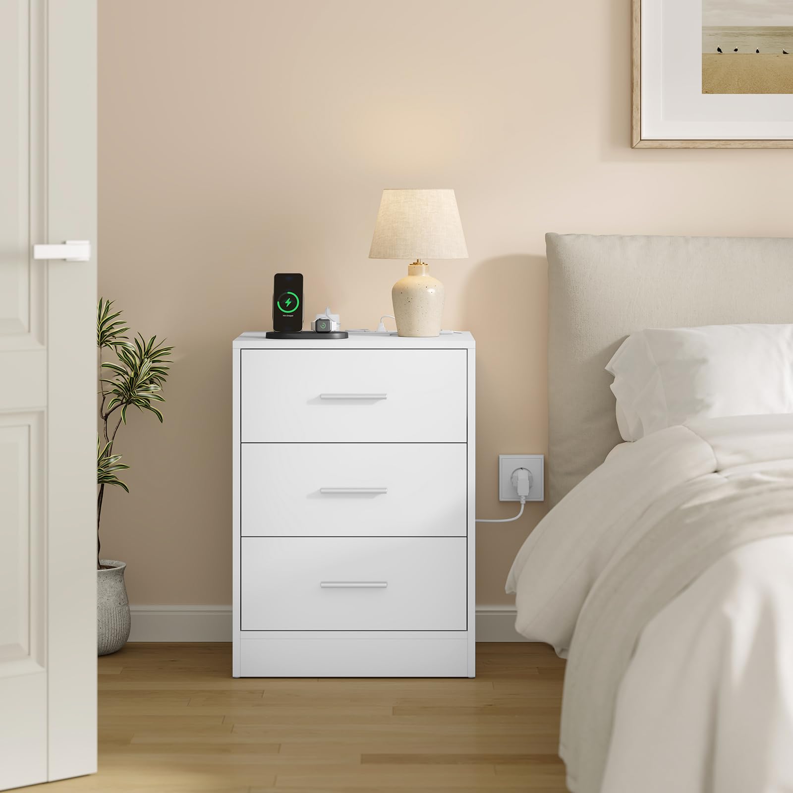 WOLTU Mesitas de Noche, Mesas de Centro con Enchufes, Mesitas de 3 Cajones, Mesillas de Noche para Dormitorio, Salón y Estudio, Blanca, MDF, 39x28,5x54,5 cm
