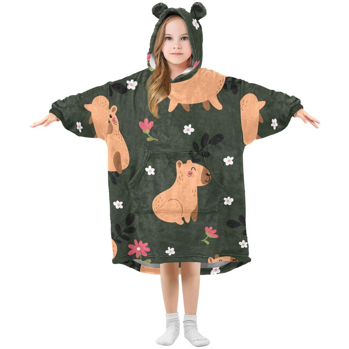 Zielona gardenia kwiaty dzieci koc do noszenia bluza z kapturem oversize bluza koc sweter kwiatowy dla chłopców dziewcząt w wieku 3-14 lat
