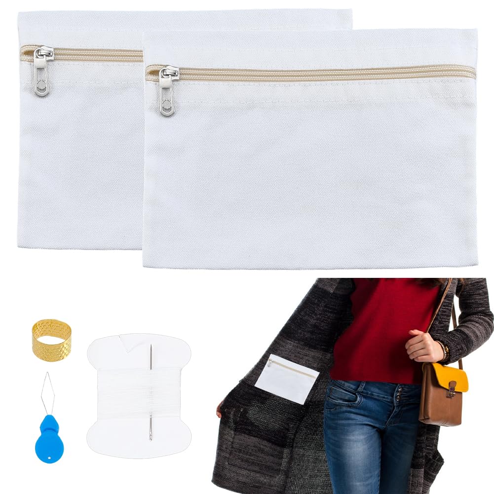 NBEADS 2 Sets Sew-in Side Pocket with Zipper, Zipper Coat Inside Pocket kit with Sewing Thread and Needles Travel Security Pocket Hidden Wallet for Jacket Hoodie Sweatshirt, 16x22x0.4cm, White