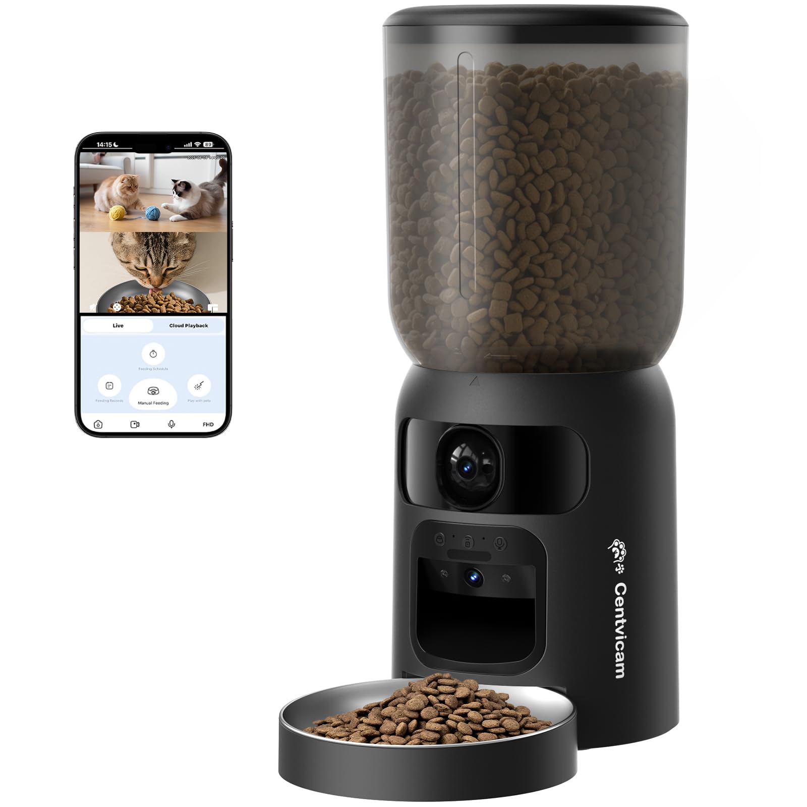 Automatic Cat Feeder with Dual 2K HD Camera, Smart Pet Food Dispenser for Timed Meals, APP Control Laser Interactive Toy Treat Feeders with 2.4G / 5G WiFi, Black