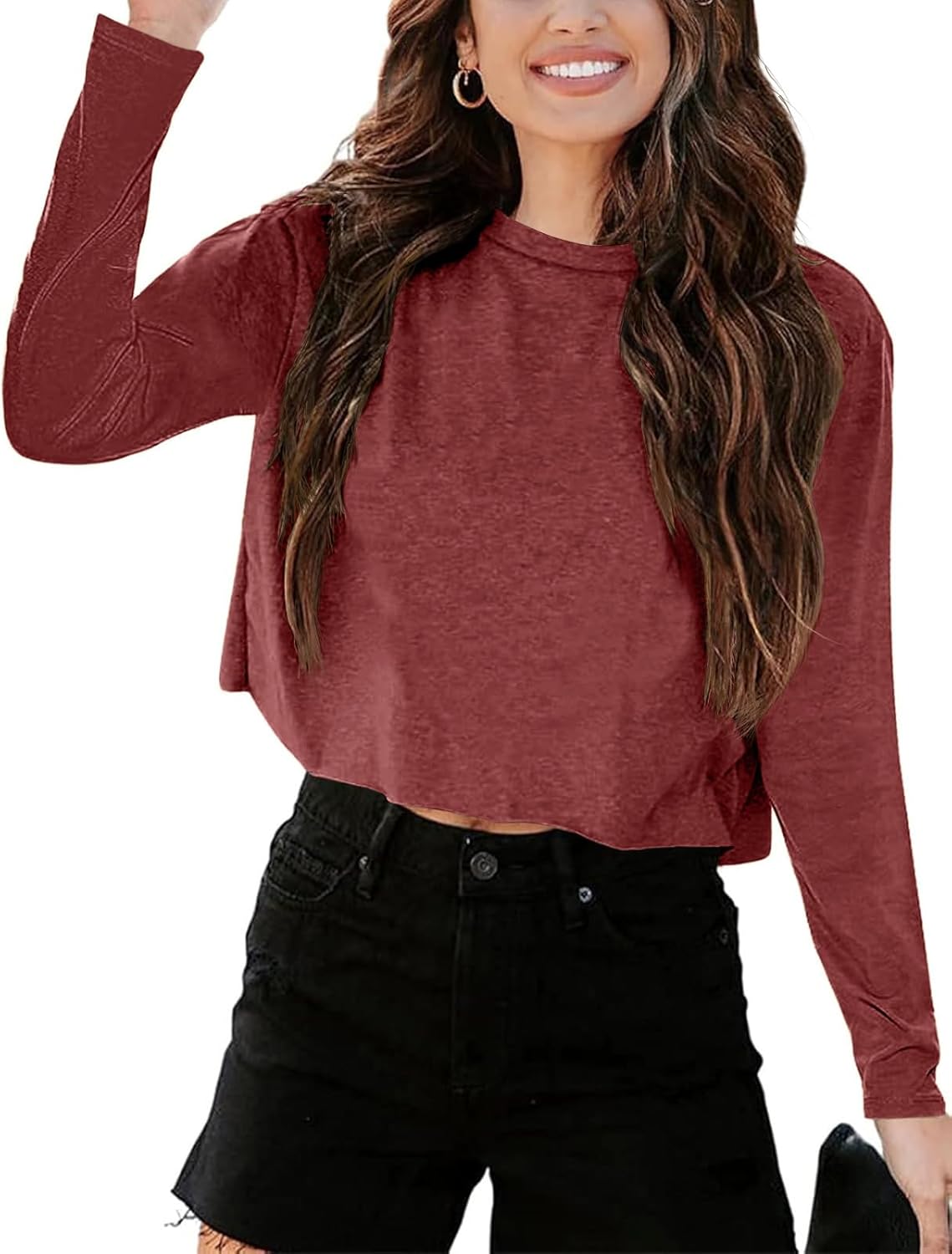 Tankaneo Women Long Sleeve Crop Tops Loose Crew Neck Cropped T-Shirts Drop Shoulder Casual Basic Tees L-Blue