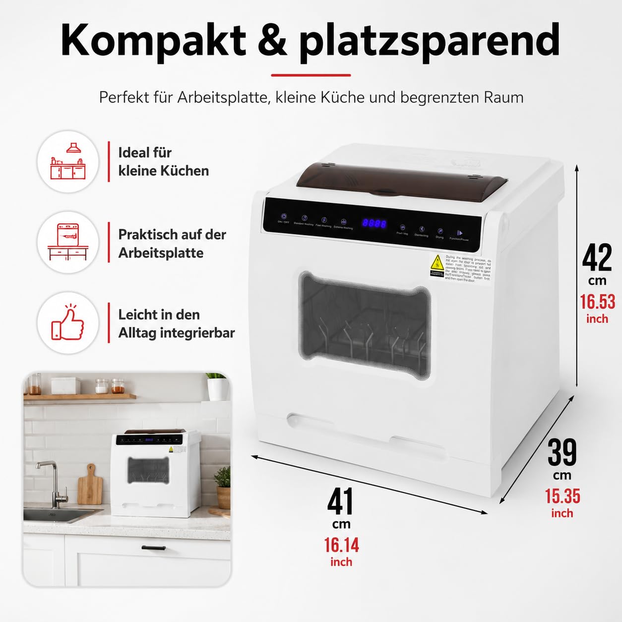 Tischgeschirrspüler 800W 6 Programme 72h Heißlufttrocknung für 4-6 Pers | Mini Spülmaschine 0.58kWh/3.5L, 52dB leiser Desktop-Dishwasher mit Messerbox & 360° Sprüharme für Wohnung/Wohnmobil