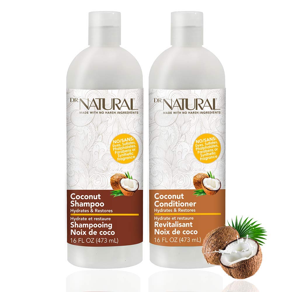 Dr. Natural Coconut Shampoo & Conditioner, Hydrates & Restores With No Dyes, Sulfates, Parabens, or Synthetic Fragrances.(16 Ounces Each)