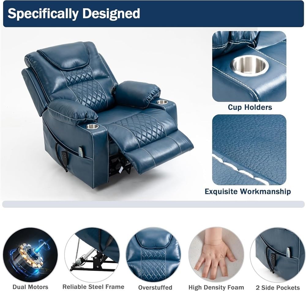 Dual Motor Power Lift Recliner Chair for Elderly Adults, Comfortable 180° Lay Flat Blue Leather Reclining Sofa with Massage and Heat, Independent Back & Footrest