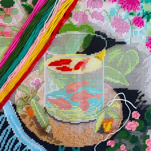 Image of Artistic Stamped Cross-Stitch Kit for Adults and Beginners - Red Fish by Henri Matisse 16″ x 16″ with Clear, Precise Printed Design on Cotton Canvas; Includes 2 Needles, Yarn, and Easy-Read Chart