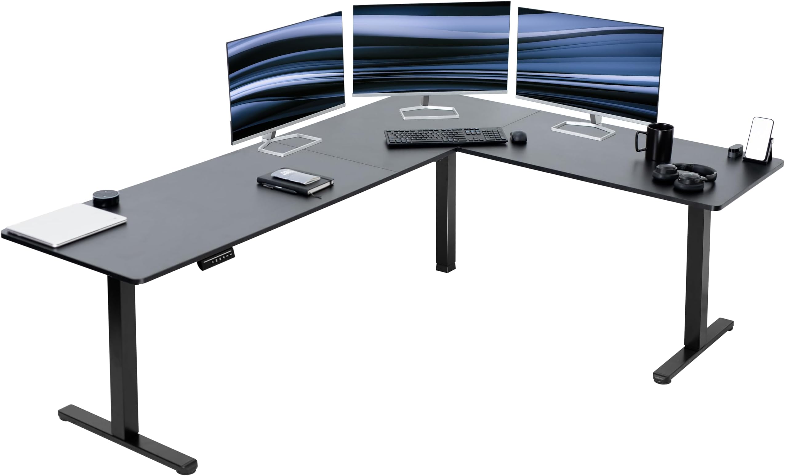 VIVO Corner Standing Desk, 84 x 63 inch Reversible L-Shaped Workstation, Electric Height Adjustment, Home, Office, and Reception Rooms, Black Table Top Black Frame, DESK-E3CTBB-84