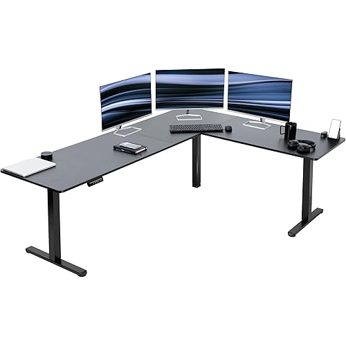 VIVO Corner Standing Desk, 84 x 63 inch Reversible L-Shaped Workstation, Electric Height Adjustment, Home, Office, and Reception Rooms, Black Table Top Black Frame, DESK-E3CTBB-84