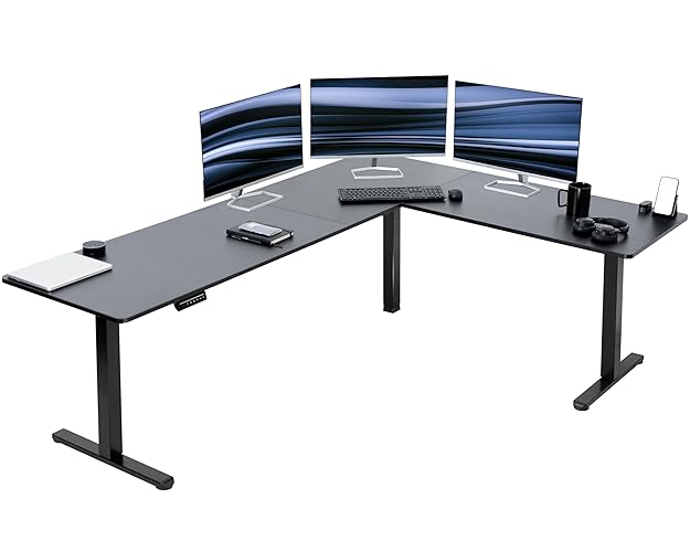 VIVO Electric Corner 84 x 63 inch L-Shaped Standing Desk, Memory Height Adjustment, Black Top Black Frame, DESK-E3CTBB-84 - 84 x 63 inch - Black Top / Black Frame