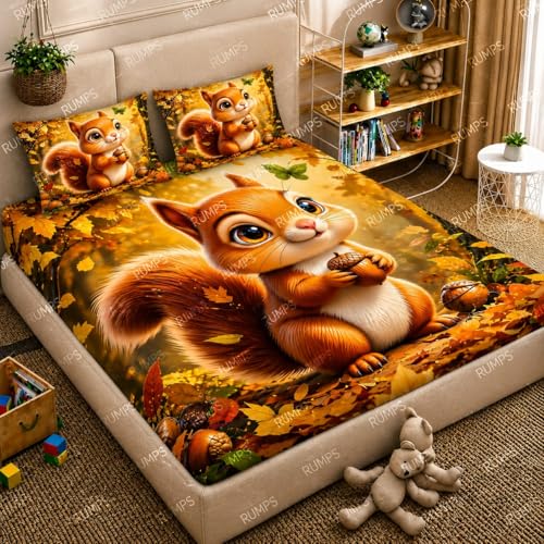 Image of RUMPS 7D Digital Cute Squirrel Kids Bedsheet with 2 Pillow Covers, King Size Flat Bedsheet 90x100 Inch, Cartoon Animal Printed Bedsheet