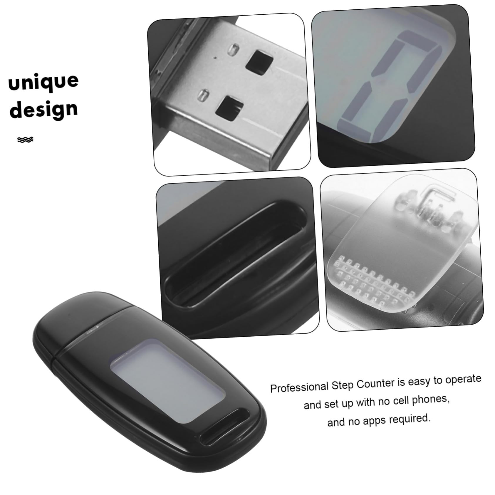 Operitacx Podómetro 3D Recargable por USB Luz de Fondo, Contador de Pasos Portátil en Negro, Fácil de Usar para Caminar y Exteriores