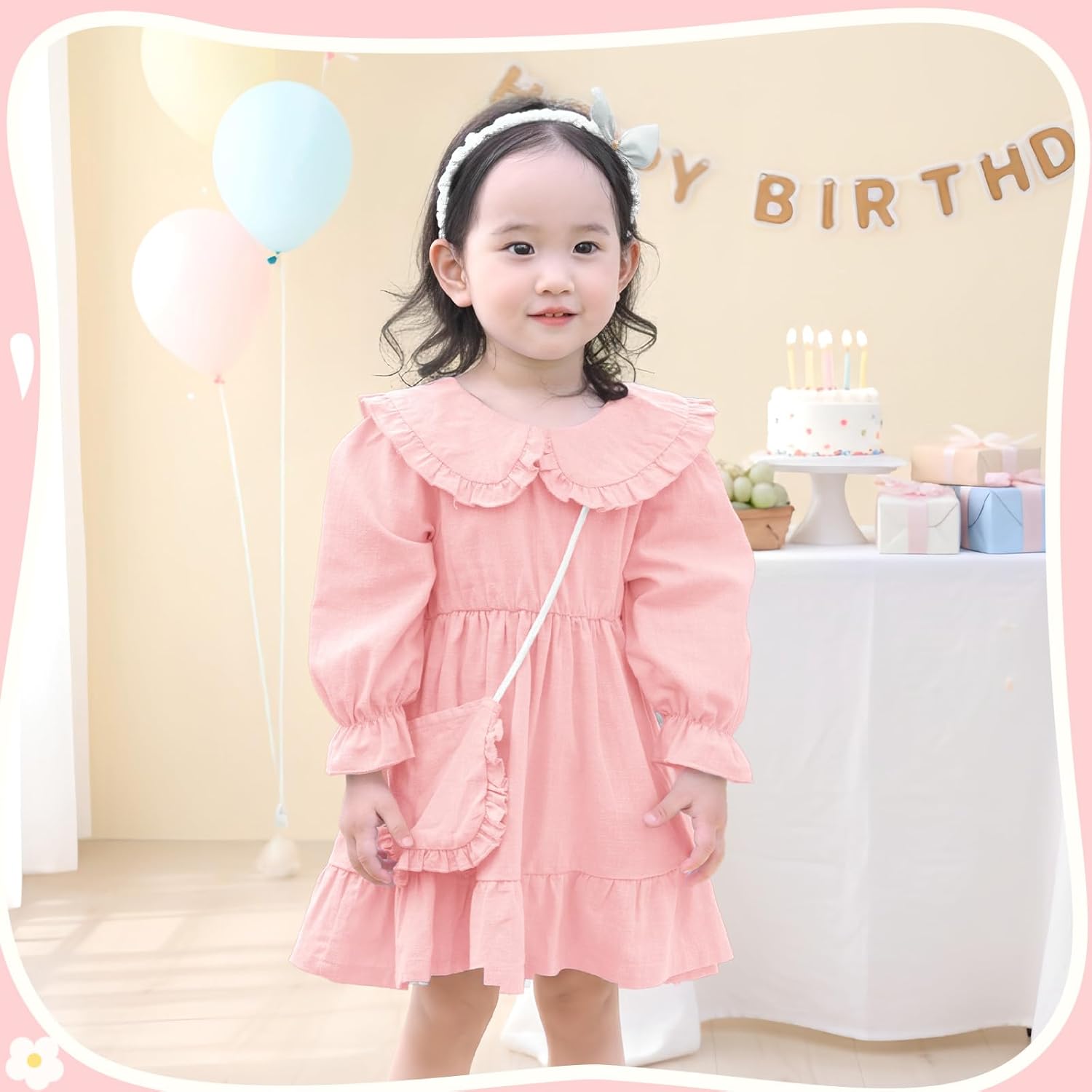 Play Tailor Toddler Fall Dress with Bag Girls Long Sleeve Outfits Ruffle Dress Casual Spring Fall Clothes for Baby Girls - Image 6