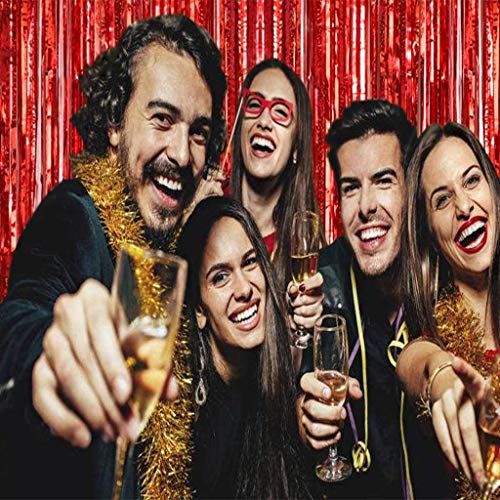 Xtozon 2pcs 3.3ft x 8.3ft Metallic Fringe Curtains Foil Fringe Curtain, Tinsel Curtain Photo Booth Props Backdrops for Birthday Wedding Bridal Baby Shower Celebration Party Decorations (Red)