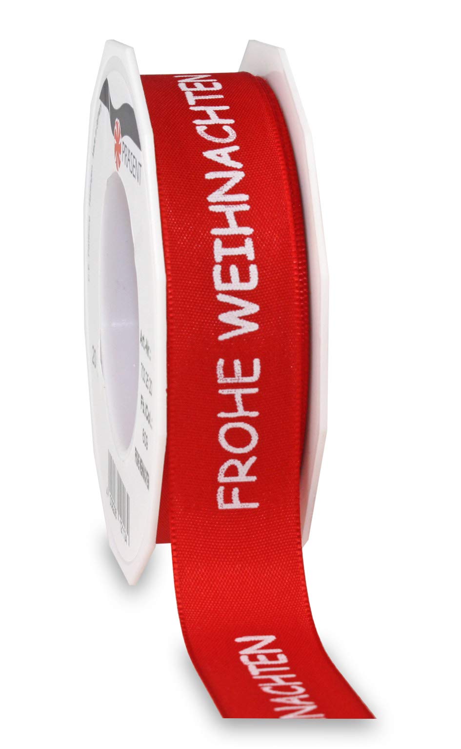 Präsent - Frohe Weihnachten Printed Ribbon Red 25 mm Width, 20 m Length, Silver, 25 mm - 20 m