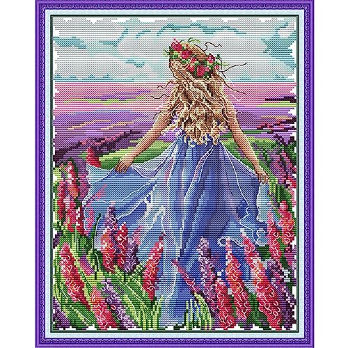 Image of Howie's Needlepoint Cross Stitch Kits, 11CT Pre-Printed Pattern Needlepoint Kits, Full Range of Stamped Starter Kits (Lavender Girl, 14 x 17 Inch)