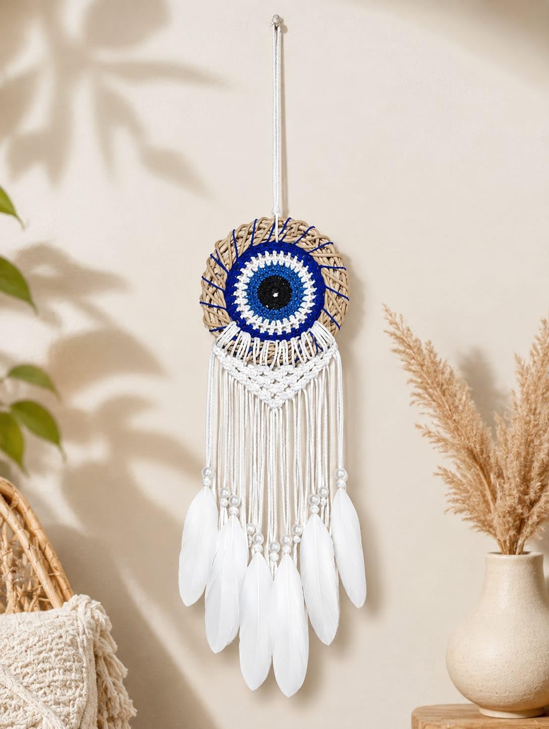Handmade Evil Eye Dreamcatcher Wall Hanging – Blue & White Crochet Dream Catcher with Feathers & Beads – Boho Home Décor, Protection & Good Luck Charm (Evil Eye Wood)-image-26