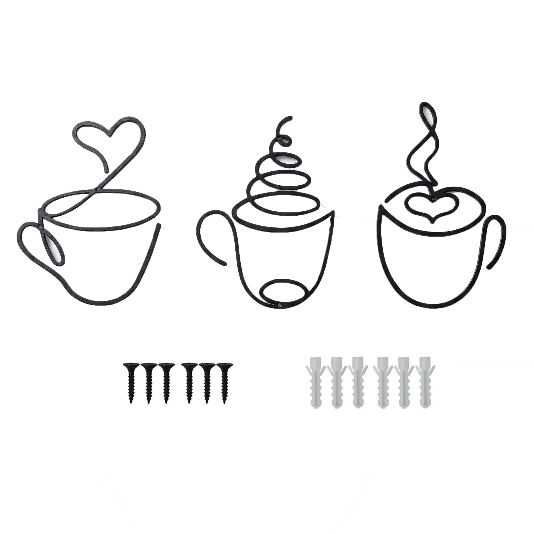 SINJAETRQ 3 PCS Coffee Cup Metal Wall Art Set, Modern Black Iron Wall Decor with Latte & Heart Designs, Minimalist Kitchen Wall Art for Coffee Bar, Living Room, Hallway or Bedroom Decor