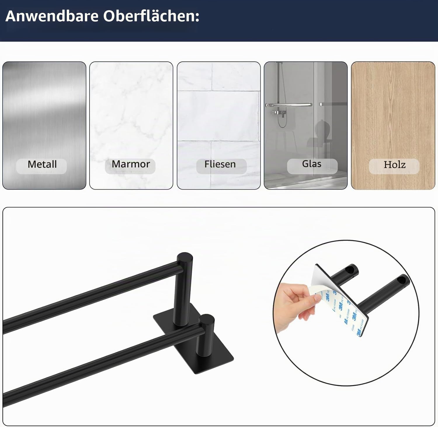 Handtuchhalter Verstellbar 40-75CM Ohne Bohren Doppelt Handtuchstange Selbstklebend Wandmontage 304 Edelstahl Badetuchhalter für Badezimmer, Schlafzimmer und Küche - Schwarz