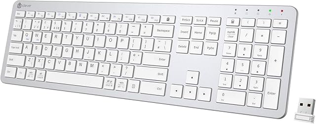 iClever Wireless Keyboard - Rechargeable Wireless Keyboard Ergonomic Full Size Design with Number Pad, 2.4G Stable Connection Slim White Keyboard for Windows, Mac OS Computer