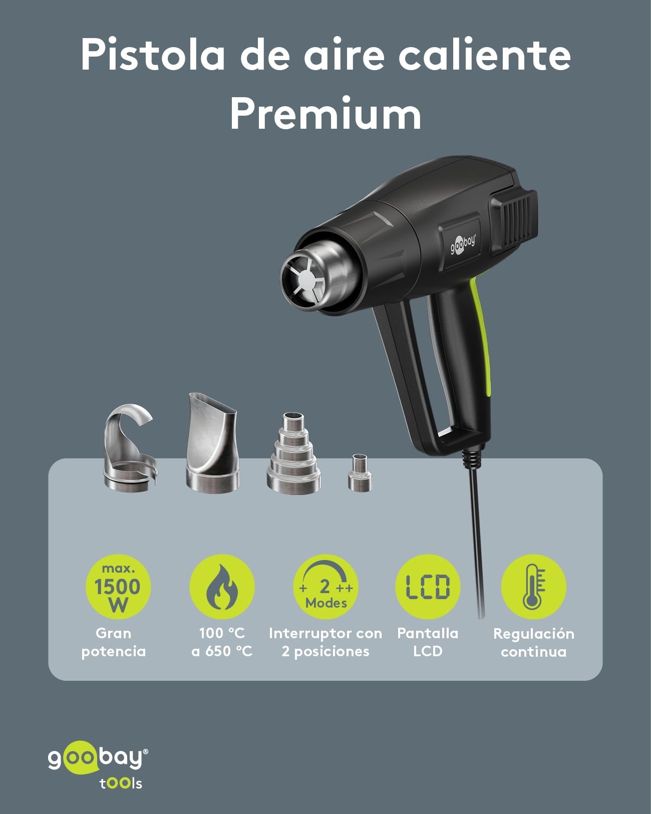goobay Pistola de aire caliente 1500 W con pantalla LCD, control de temperatura ajustable (100–650 °C), 450 l/min, incluye 4 boquillas, ideal para bricolaje y reparaciones, 77823