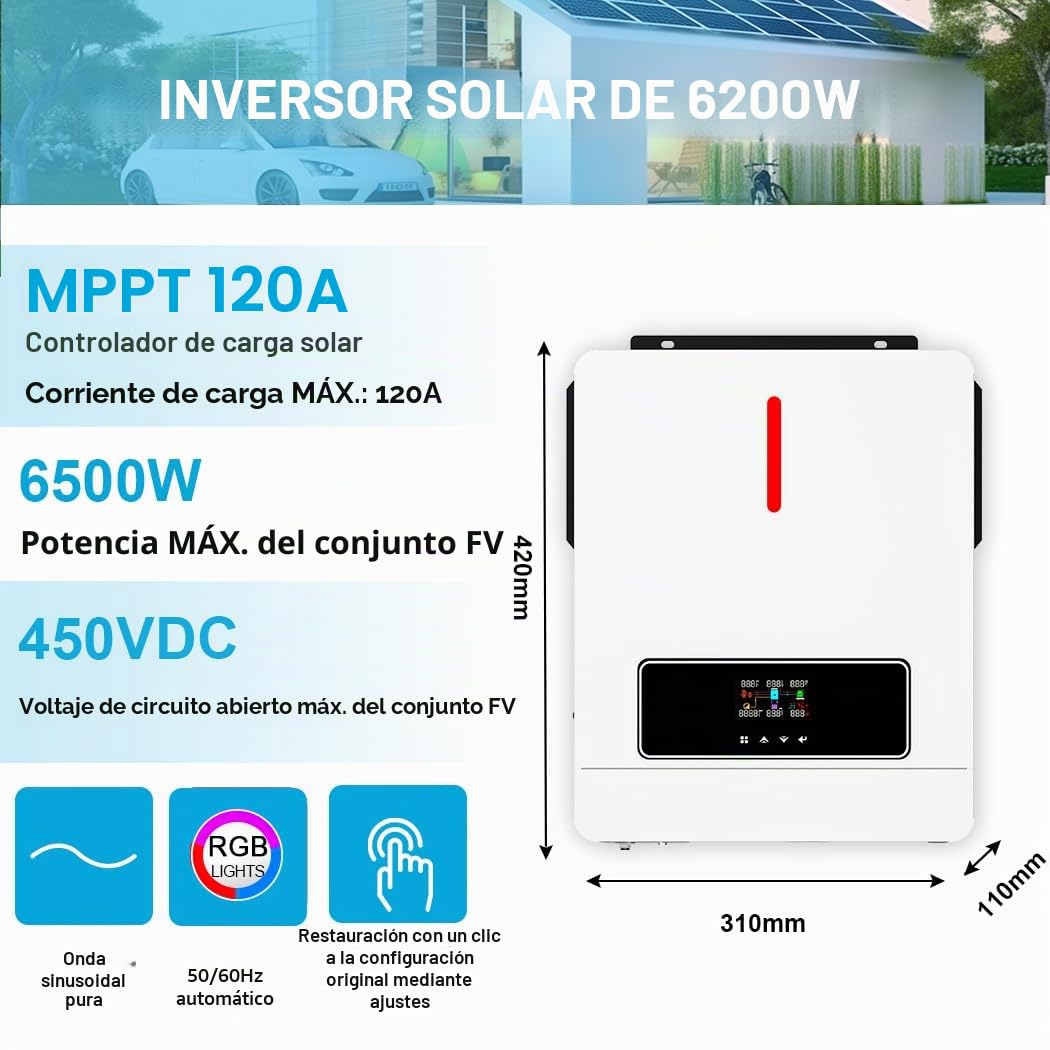 Y&H Inversor híbrido solar 6,2 kW, 24/48 V, AC220 V, potencia de salida dual, MPPT 120 A, cargador solar, potencia máxima fotovoltaica, entrada 6500 W, comunicación WiFi