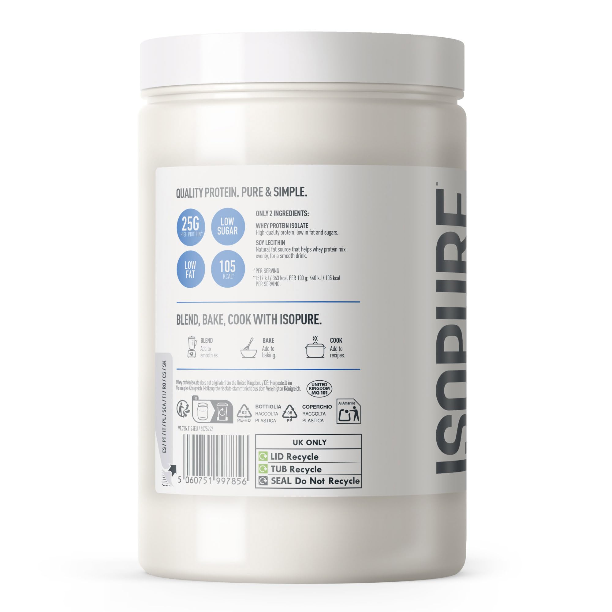 Isopure Aislado de Proteína de Suero sin Sabor – 25?g de Proteína por Ración, Bajo en Azúcar y Grasas, Sin Aromas ni Edulcorantes Artificiales, Solo 2 Ingredientes, 435?g