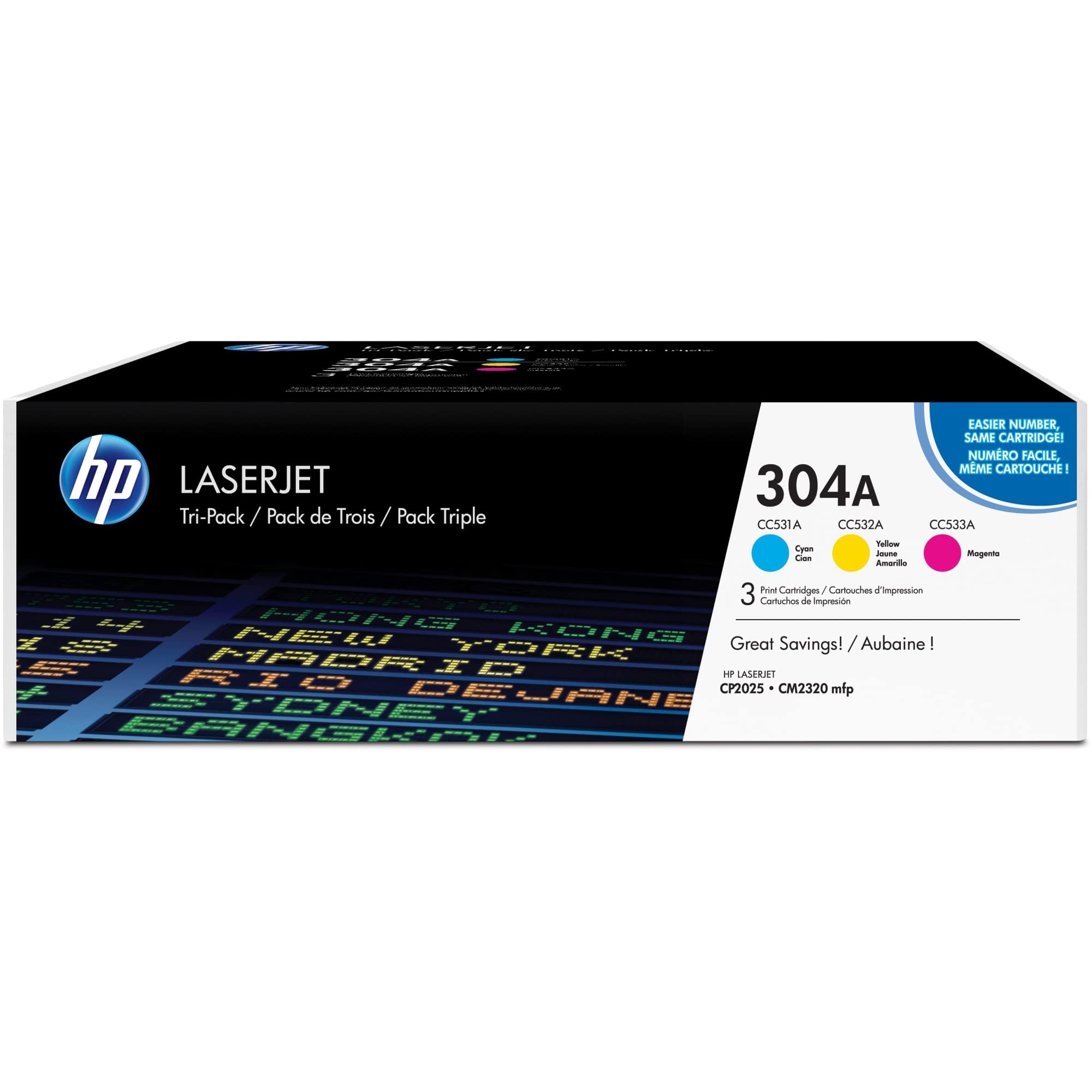 HP 304A CF372AM Pack de 3, Toners Authentiques, Imprimantes Color LaserJet cm2320/CP2025, Cyan Magenta et Jaune