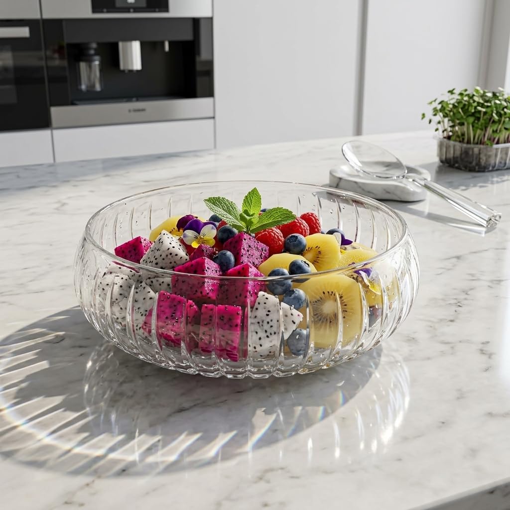 Deconox El Yapımı Büyük Boy Cam Salata Kasesi -%100 Üfleme Cam Sanatı Dekoratif Çerezlik ve Meyvelik - 24 cm