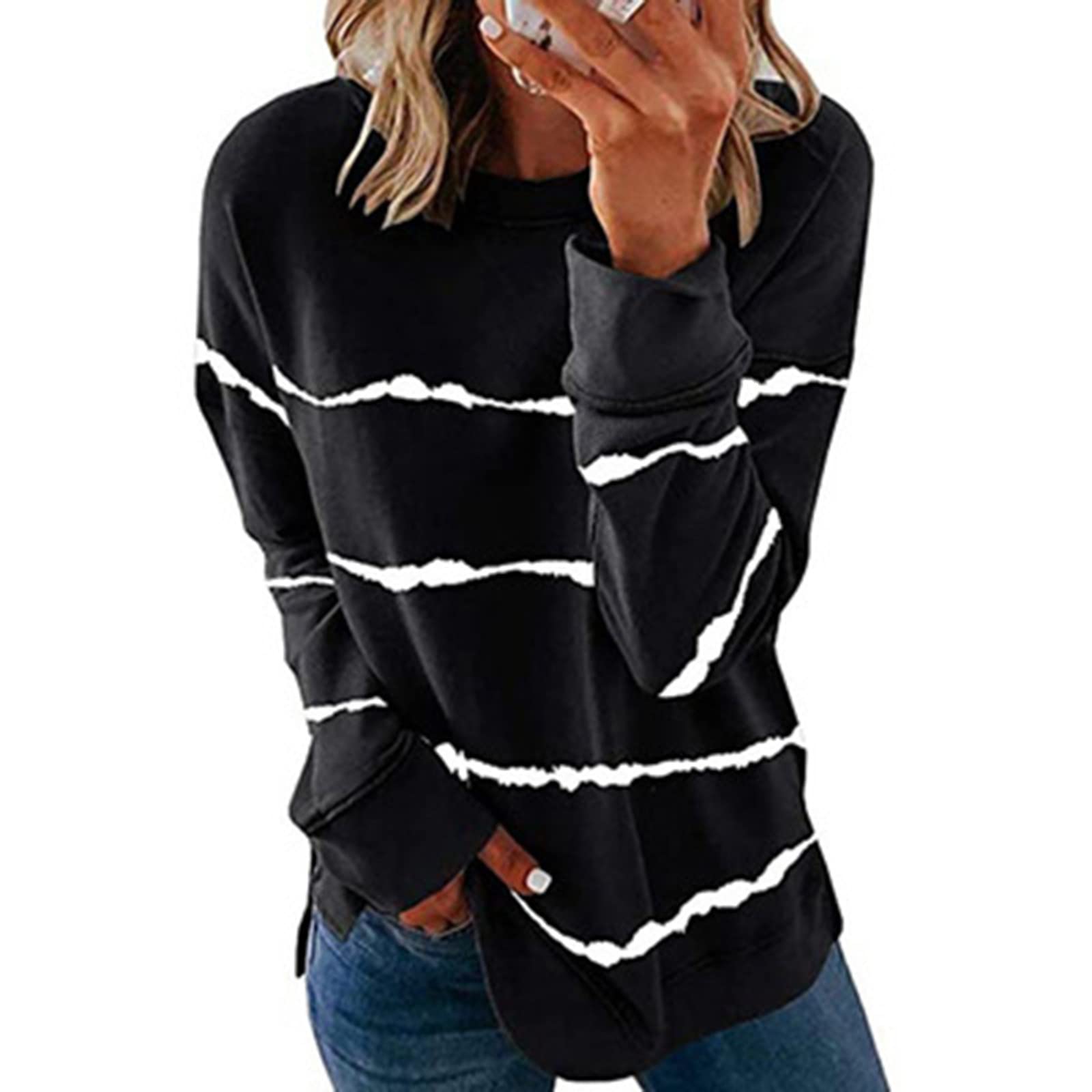 HUIHAIXIANGBAO Womens Casual Long Sleeve Crewneck Sweatshirt Color Block Striped Loose Pullover Tops 2022 Trendy Fall Winter