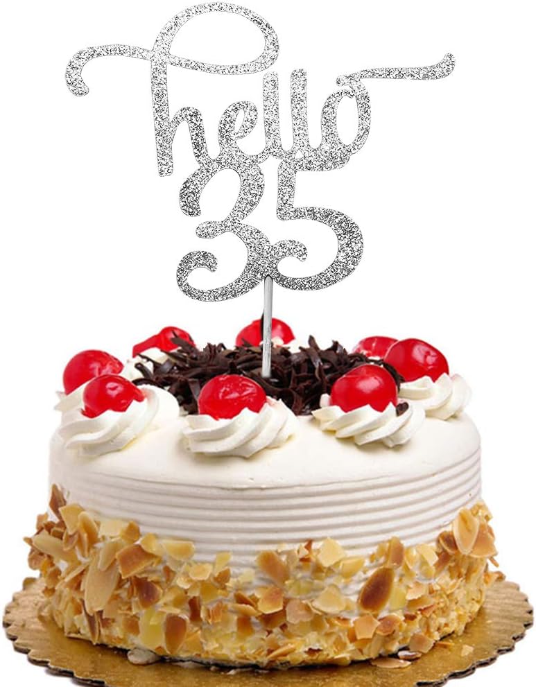 Hello 35 Cake Topper for 35th Birthday, Wedding Anniversary Party Decorations Silver Glitter