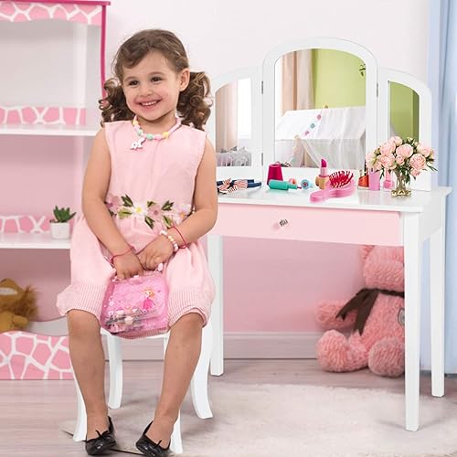 Miniatura 5 de Costzon Mesa de tocador para niños, tocador de maquillaje de princesa con cajón y espejo de tres pliegues, juego de tocador 2 en 1 con parte