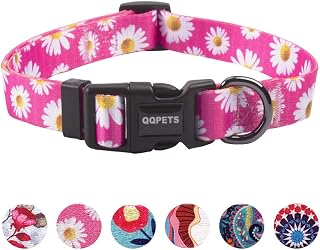 QQPETS Adjustable Soft Dog Collar Small Daisies Pink - Cute Floral Pattern for Small Puppies, XS-S Dogs Walking Training