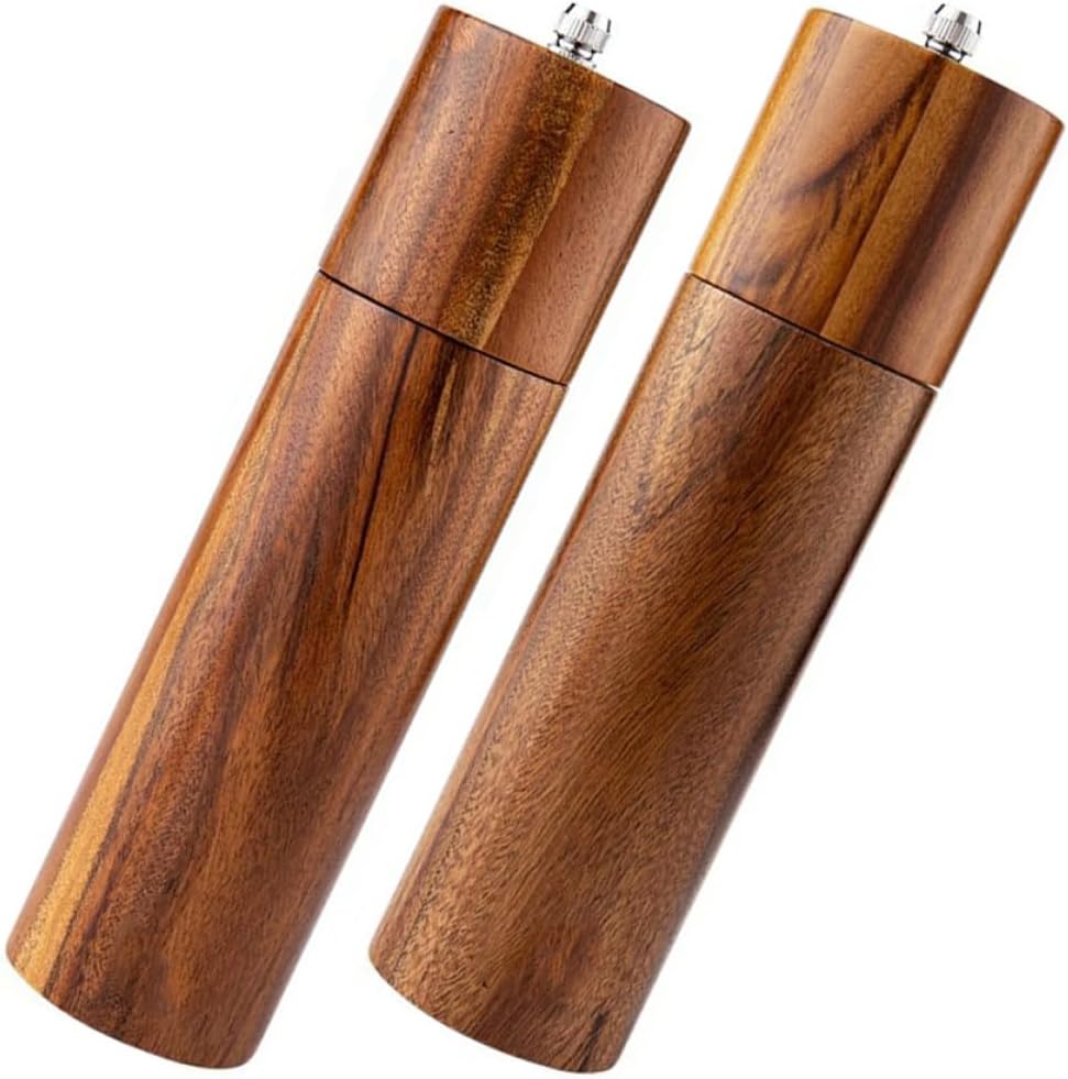 Uonlytech Manual Acacia Wood Pepper Grinder and Refillable Salt Mill Set with Ceramic Core, 8-inch Cylindrical Kitchen Spice Mill for Adjustable Coarseness and Home Cooking