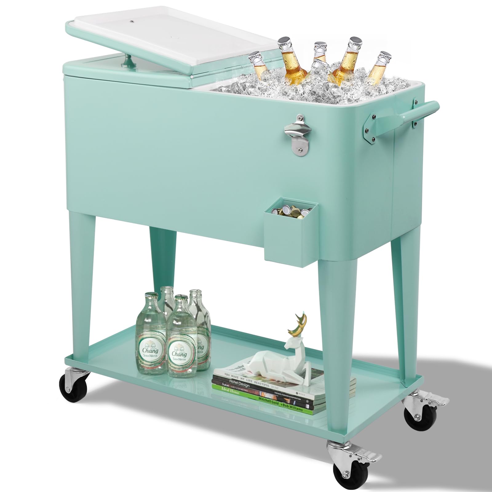 Outvita 80 Quart Rolling Ice Chest, Portable Bar Drink Cooler with Catch Basin, Bottom Storage Tray and Bottle Opener for Patio Party BBQ Beach Activities