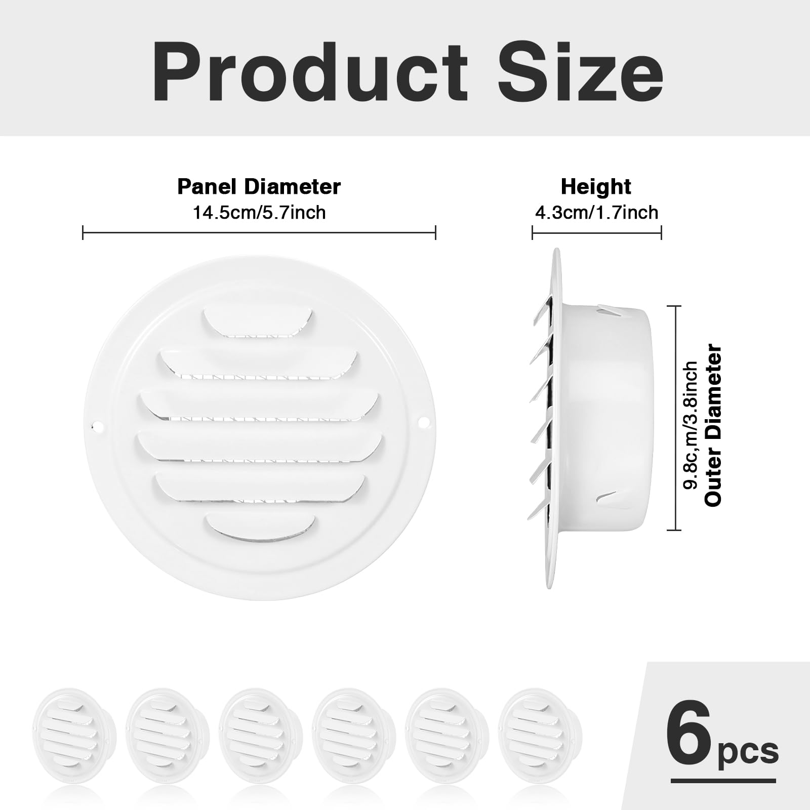 Pack De 6 Rejillas De Ventilación De Acero Inoxidable - 4 Pulgadas, Redondas, Con Malla Antiinsectos | Para Pared, Cocina, Baño, Garaje