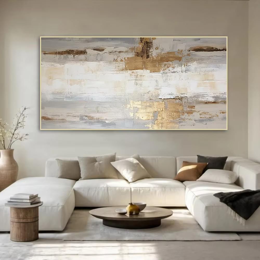 UUDEZO Abstrakcyjny, neutralny, stylowy obraz ścienny w kolorze białego złota, oprawiony, sztuka ścienna Wabi-Sabi (65 x 130 cm)