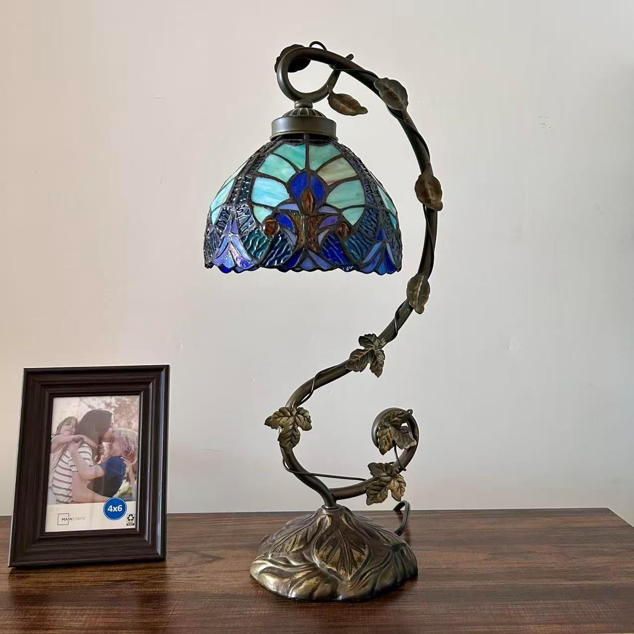 Tiffany Table Lamp Blue Stained Glass Included LED Bulb Liaison Lamp for Living Room Bedroom Bedside 21" H*11" W*8" D
