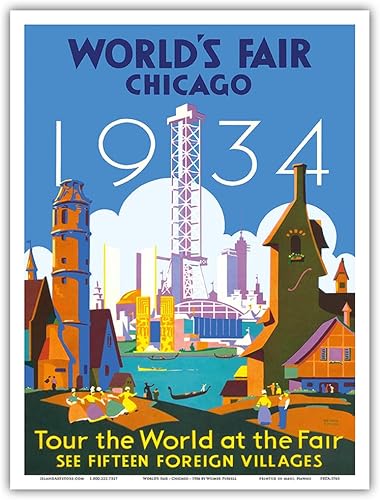 Feria Mundial de Chicago 1934  Tour el mundo en la feria  Póster de viaje vintage por Weimer Pursell c.1934  Impresión artística maestra de 9 x 12 disponible en Yaxa Colombia