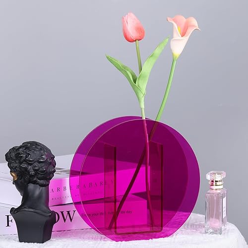 Miniatura 6 de Jarrón de acrílico rosa intenso, moderno jarrón pequeño de acrílico geométrico de boca ancha, florero rosa intenso para centros de mesa, jarrón de
