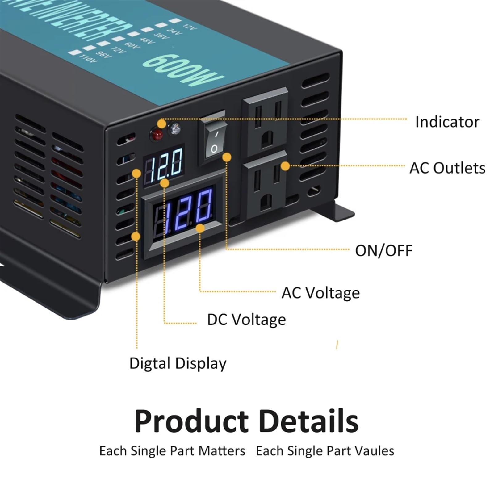Inversor Solar de Onda sinusoidal Pura 600 W, convertidor Potencia portátil CC a CA, Fuente alimentación doméstica(2 pcs,240)