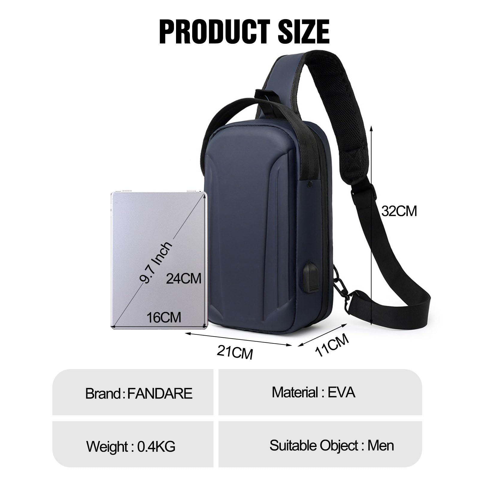 FANDARE Antifurto Zaino Monospalla Uomo Apertura di 180 gradi Borsello a tracolla pratico Marsupio urbano Moderno con USB Borsa petto organizzata Portaoggetti Borse crossbody Zaino Viaggio Sling Bag