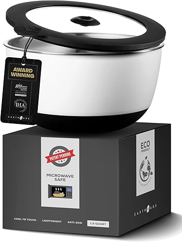 Evolution - Tazón para mezclar de acero inoxidable para microondas con tapa, 1.5 cuartos de galón, tapas de vidrio templado, alternativa al tazón de