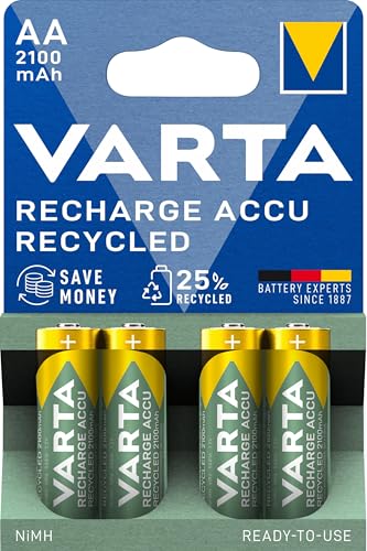 VARTA Piles rechargeables AA, lot de 4, Recharge Accu Recycled, 2100 mAh Ni-MH, fabriquées avec 21% de matériaux recyclés, préchargées, prêtes à l'emploi