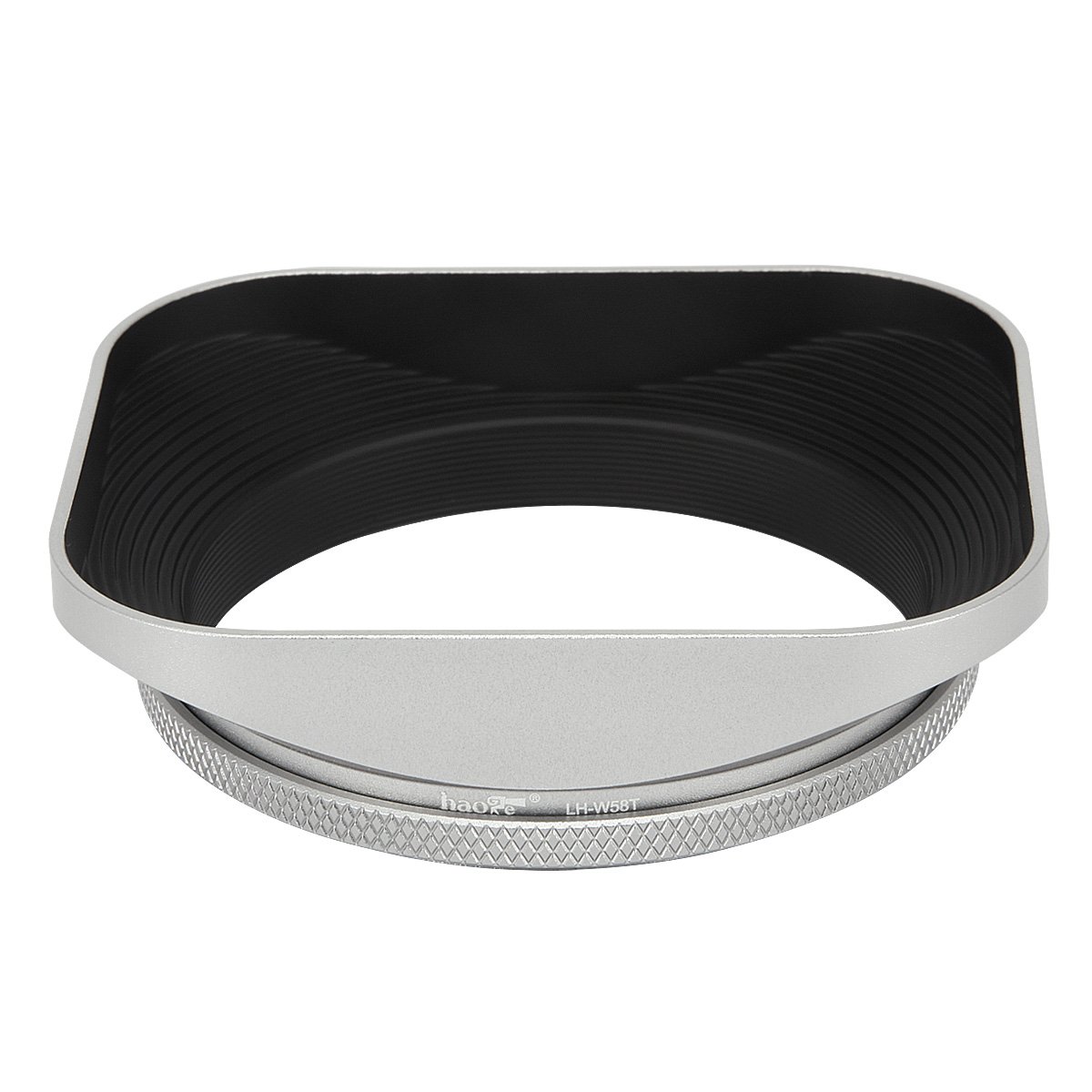 Haoge LH-W58T 58 mm kwadratowa metalowa przykręcana osłona obiektywu z nasadką do Canon EF 50 mm f1.4, Canon EF 85 mm f1.8, Canon EF-S 18-55 55-250 mm, Nikon AF-S NIKKOR 50 mm f1.8G obiektyw srebrny