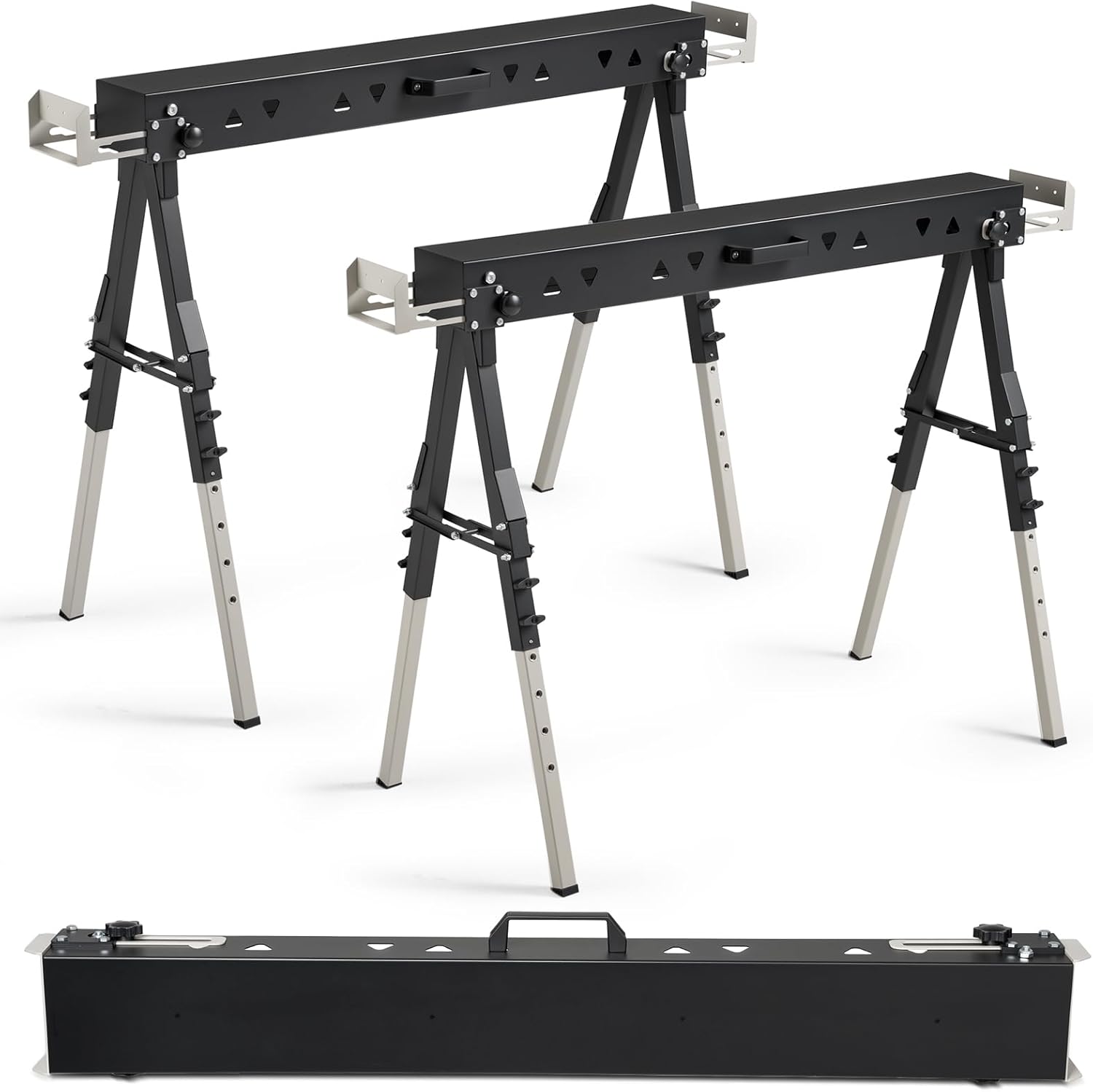 OLBRUS 2 Pack Heavy Duty Folding Sawhorses - Adjustable Height, 2600 LBS Capacity, Portable Metal Pair for Woodworking & DIY