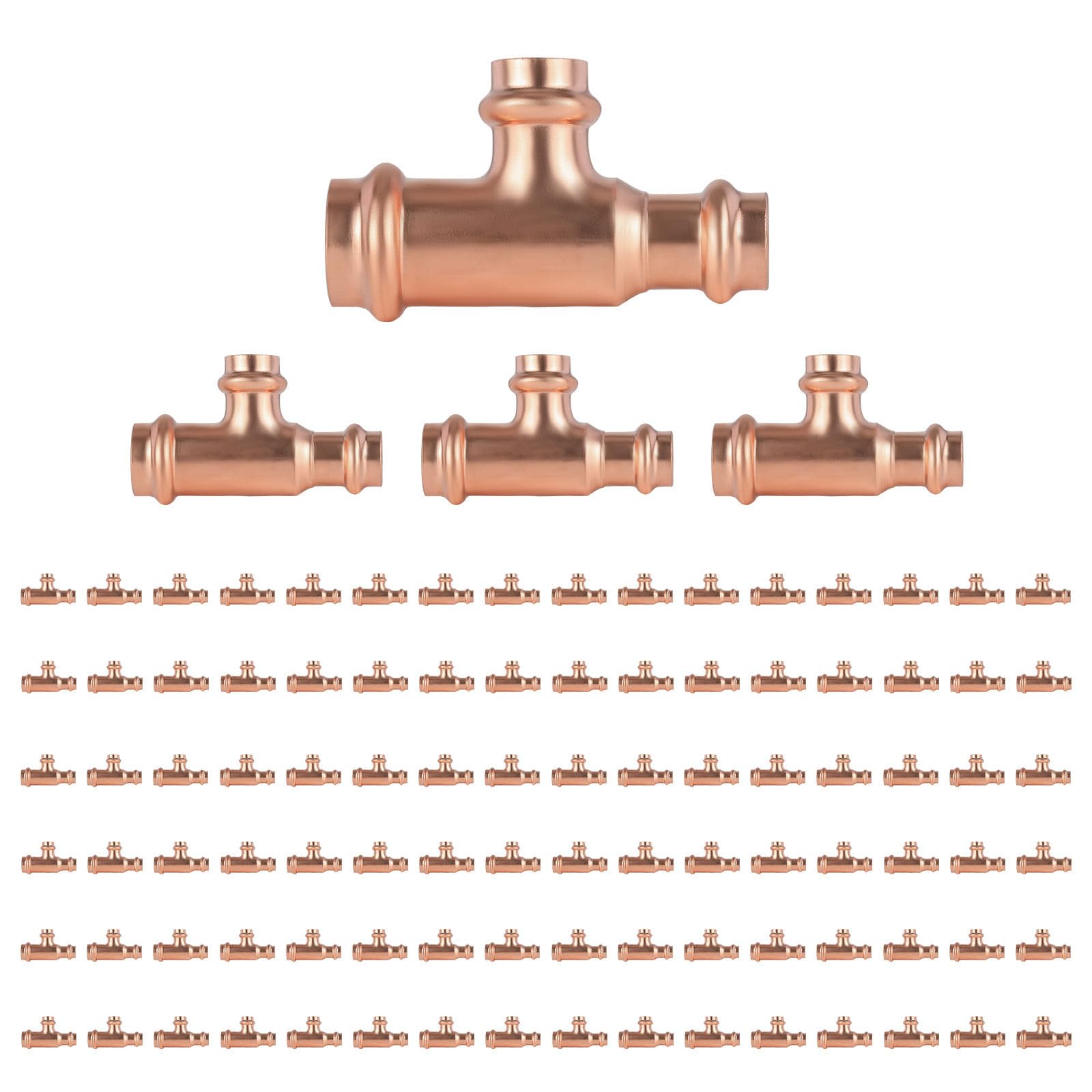 Paquete de 100 conectores en T reductores de cobre GUOFIS, 3/4" P x 3/4" P x 1/2", conector en T reductor de presión para plomería, conector de tres vías para derivación de transición de tamaño de t